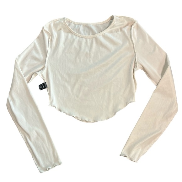 White Ribbed Lettuce Hem Long Sleeve Crop Top – Size S - Picture 5 of 7